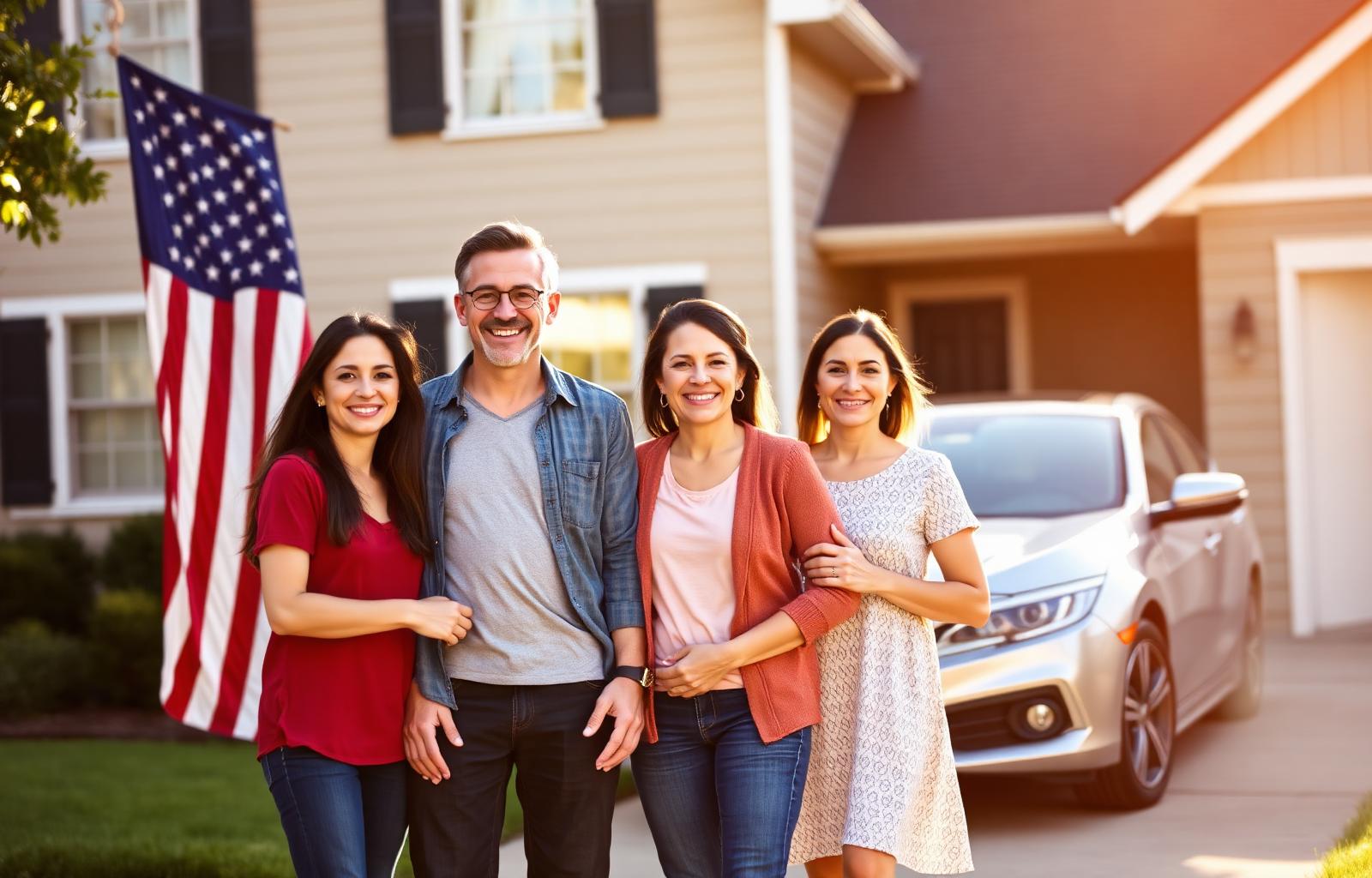 Happy American family in front of their home